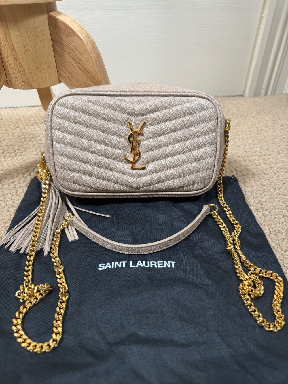 Saint Laurent YSL Mini Lou Camera Bag Taupe Quilted Leather Crossbody
